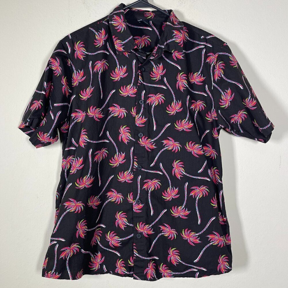 Neff Men's Short Sleeve Black Palm Tree Print Topical Button-Up Shirt Party